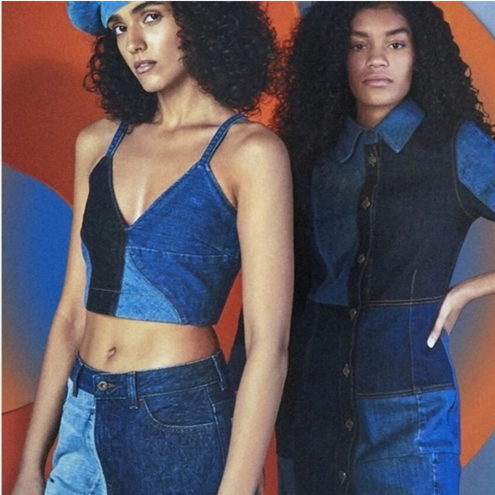 New Ganni X Ahluwalia Patchwork Color Block Blue Denim Crop Top Size 40